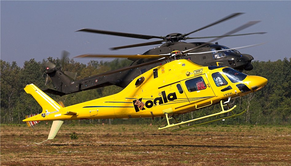 Due dei più recenti prodotti Agusta: in secondo piano il primo esemplare di serie di NH-90 per l'Esercito Italiano ed in primo piano l'elicottero leggero Koala NH-90 EI + Koala